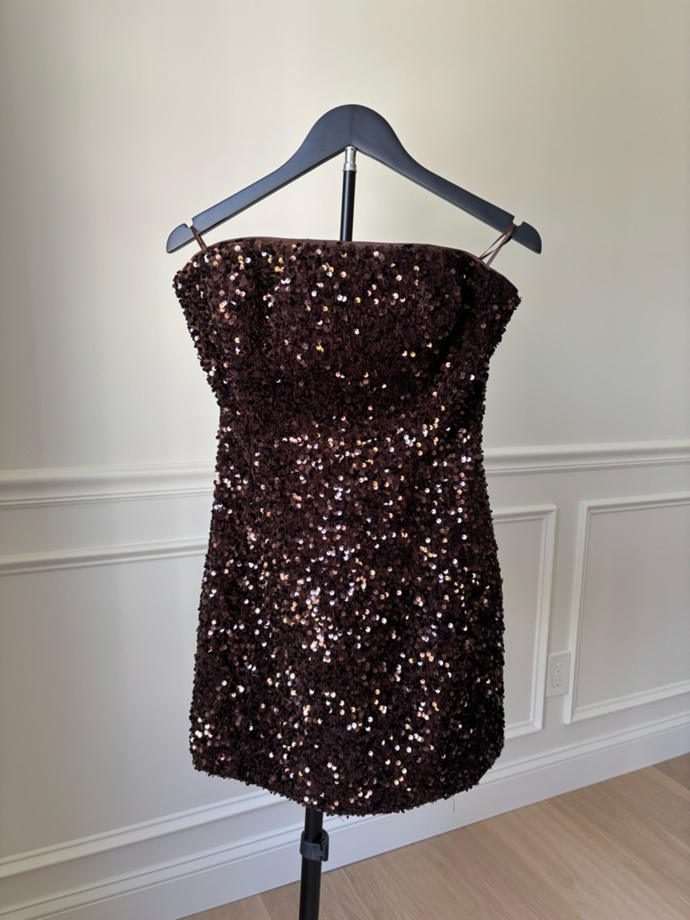 BARDOT Strapless Dark Brown Sequin Mini Dress - Picture 4 of 8